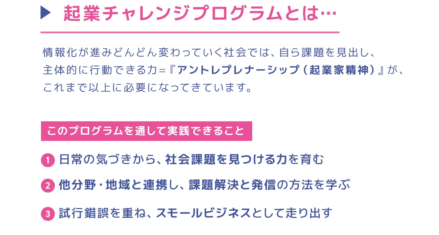 起業チャレンジプログラムとは…情報化が進みどんどん変わっていく社会では、自ら課題を見出し、
主体的に行動できる力=『アントレプレナーシップ（起業家精神）』が、これまで以上に必要になってきています。