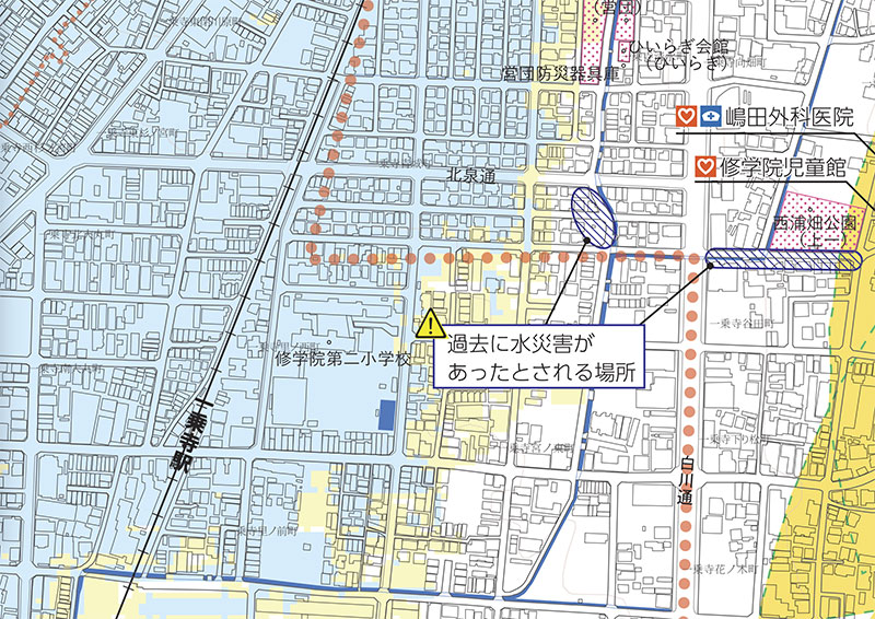 一乗寺駅周辺の土砂災害・水害ハザードマップ。出典:京都市防災ウェブサイト