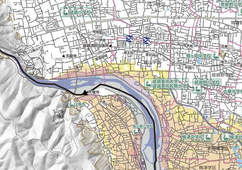 渡月橋周辺の洪水浸水想定区域図。出典：京都市防災ポータルサイト