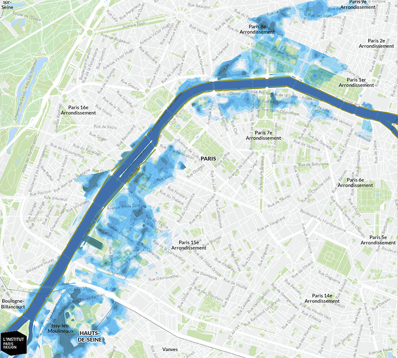 Institut Paris Régionが公開する参考情報マップ「ZIP-ZICH」によるエッフェル塔周辺の浸水リスクを表した図。
