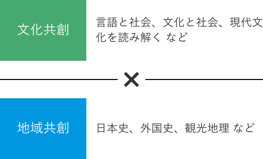文化共創(言語と社会、文化と社会、現代文化を読み解く など) × 地域共創(日本史、外国史、観光地理 など)
