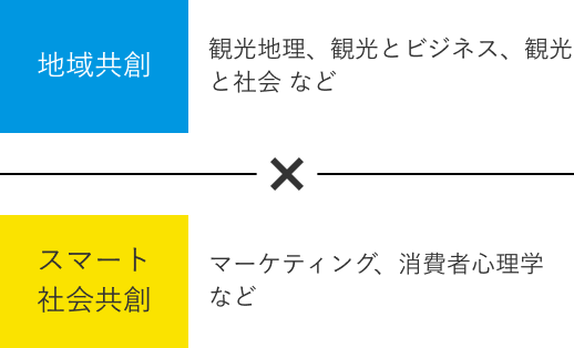 地域共創(観光地理、観光とビジネス、観光と社会 など) × スマート社会共創(マーケティング、消費者心理学 など)