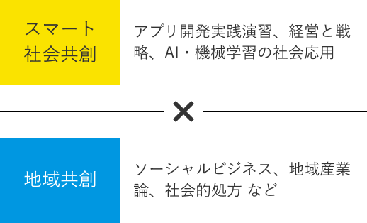 スマート社会共創(アプリ開発実践演習、経営と戦略、AI・機械学習の社会応用) × 地域共創(ソーシャルビジネス、地域産業論、社会的処方 など)